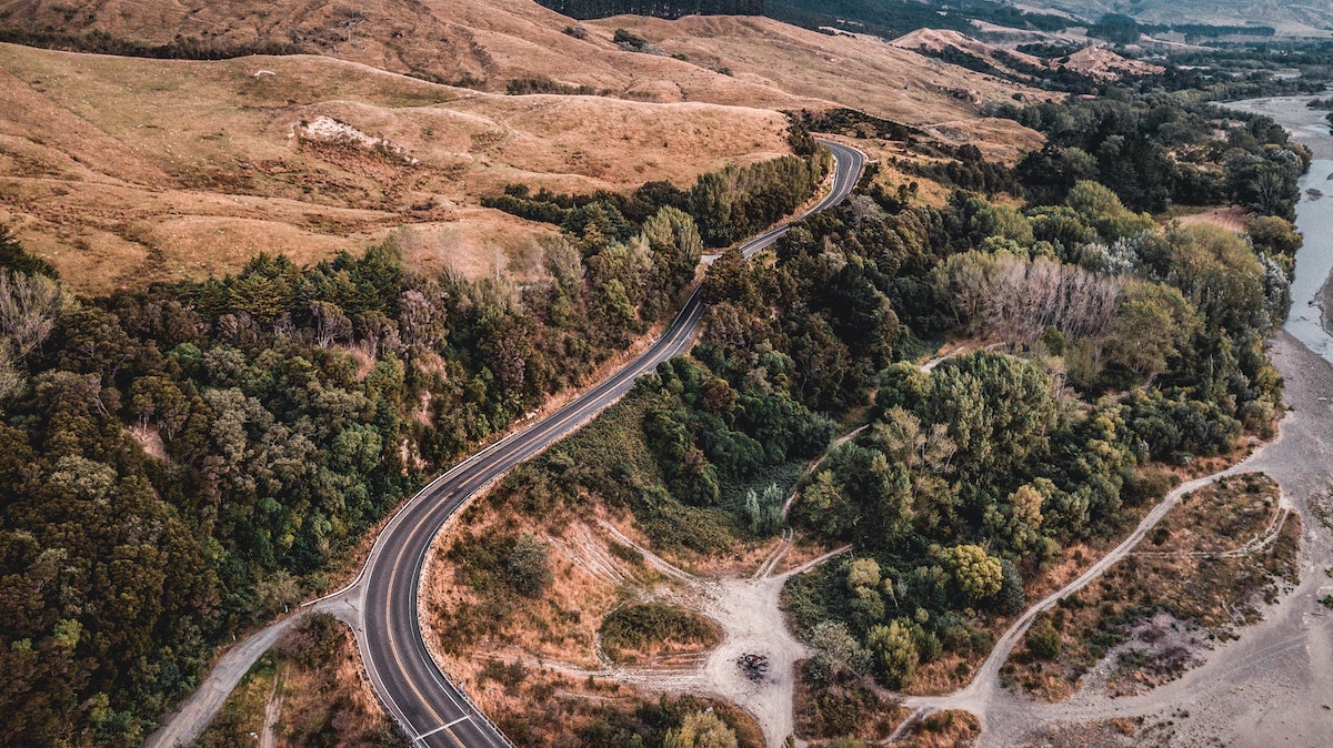 A drone shot of a highway.