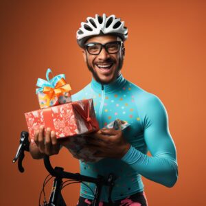 A cyclist wearing a blue jersey holding gifts.