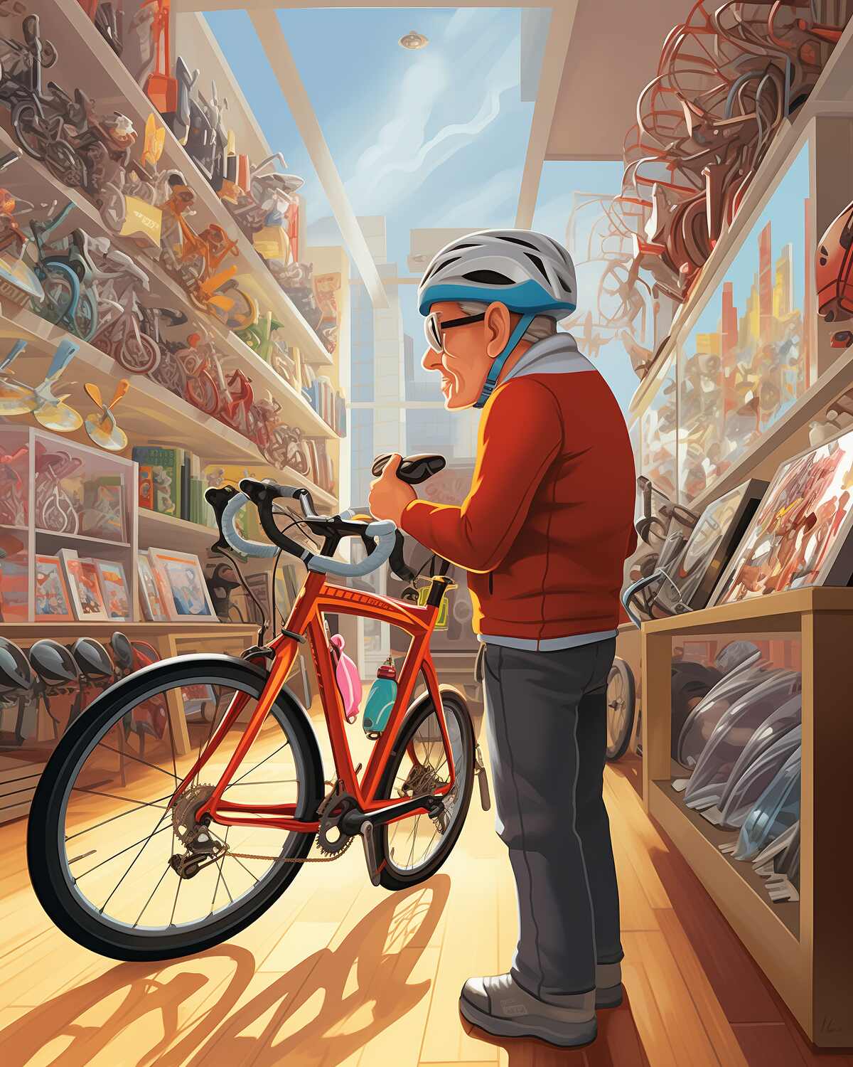 A cartoon of an old man cyclist in a toy store looking at toy cycles.