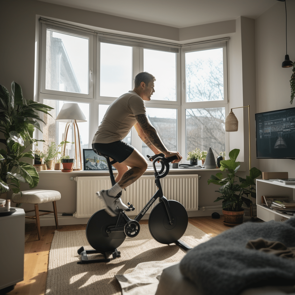 AI generated art of a cyclist using an indoor trainer at home.